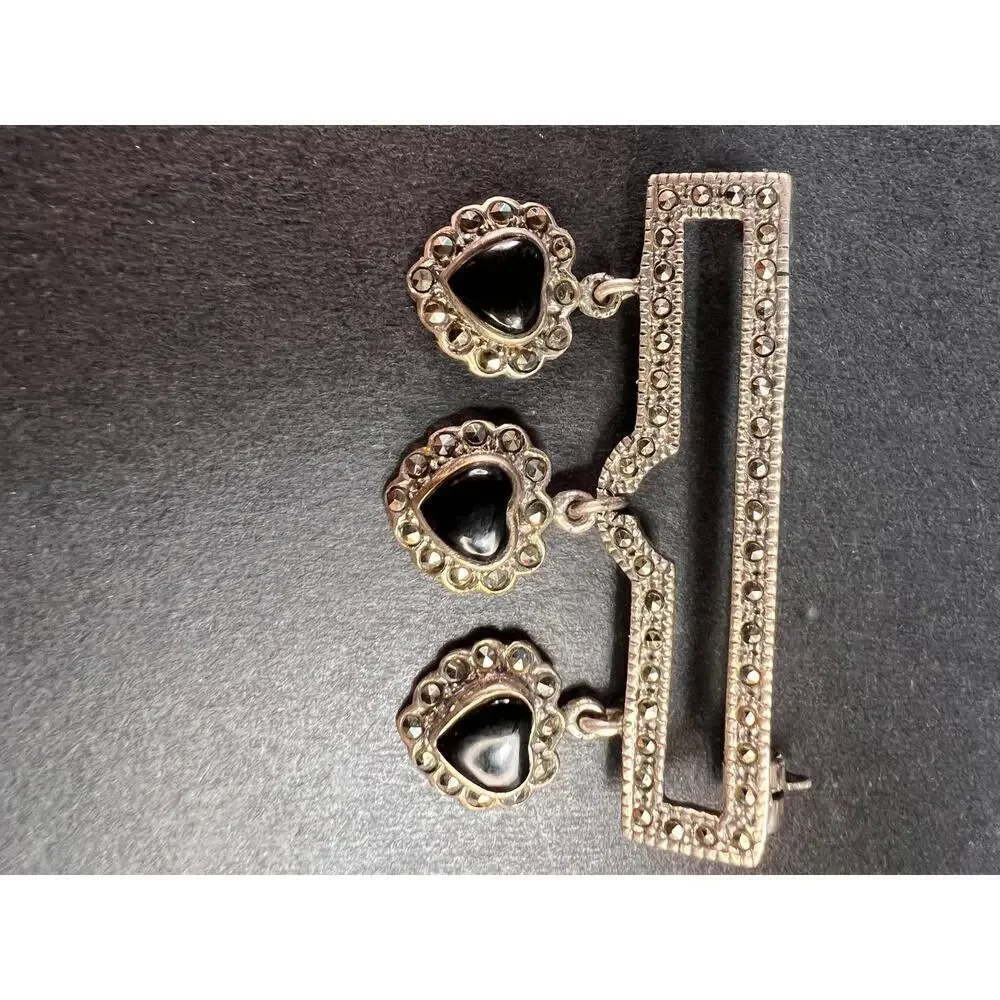 Vintage black onyx hearts and marcasite sterling silver pin brooch - Picture 9 of 11